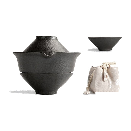 Japanese travel tea set Ikari-Jinja, model 1, black ceramic with cloth pouch – Osaka Street Market